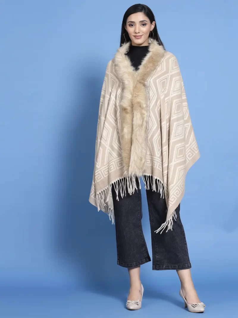 Geometric Printed Faux Fur Trim Poncho