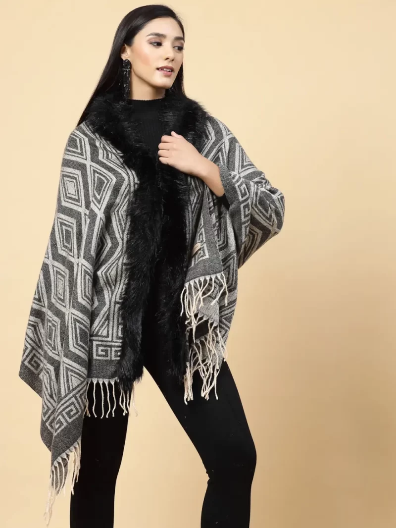Geometric Printed Faux Fur Trim Poncho