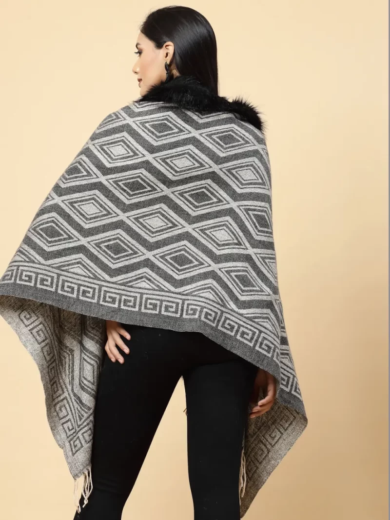 Geometric Printed Faux Fur Trim Poncho