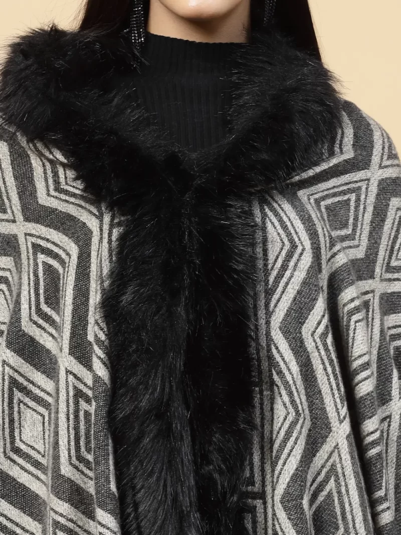 Geometric Printed Faux Fur Trim Poncho