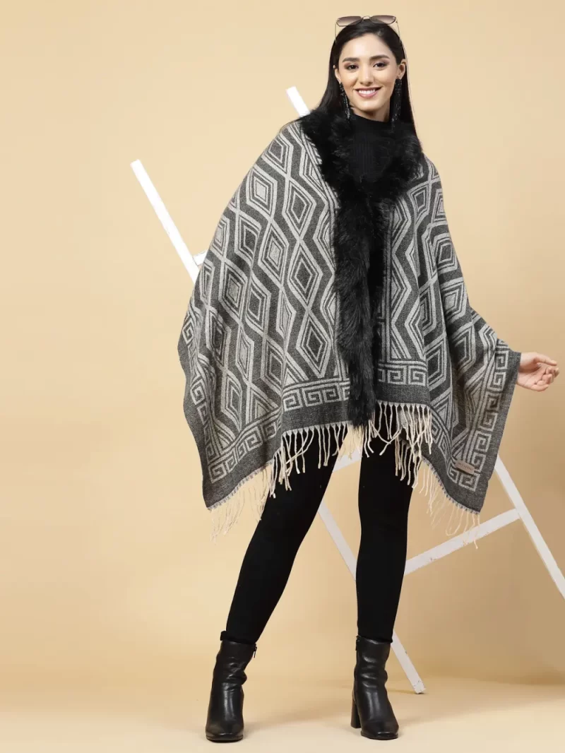Geometric Printed Faux Fur Trim Poncho