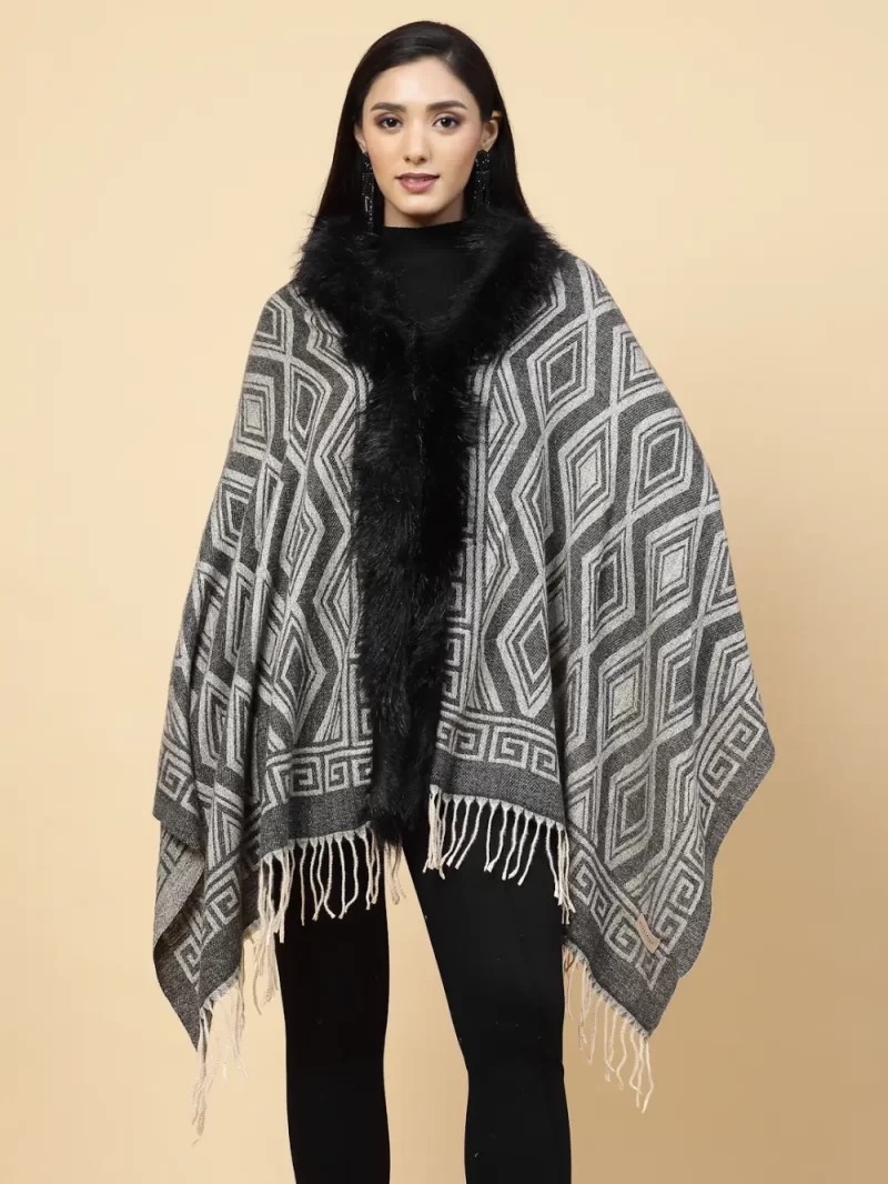 Geometric Printed Faux Fur Trim Poncho