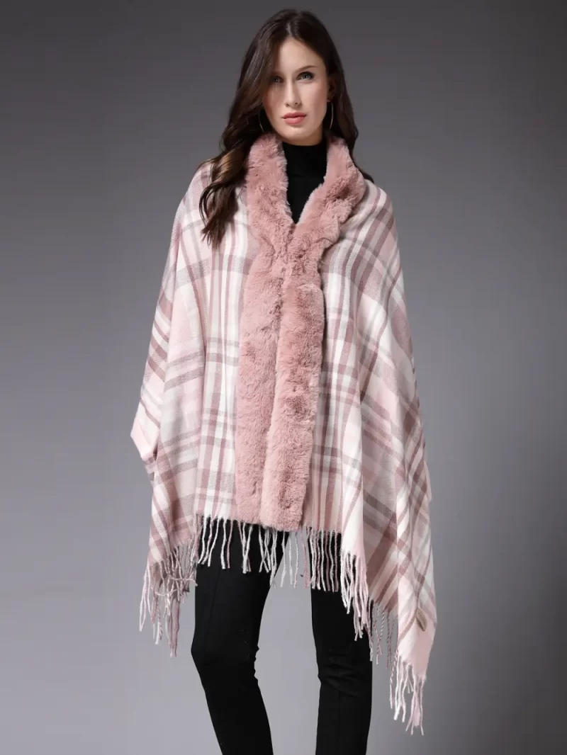 Geometric Printed Faux Fur Trim Poncho