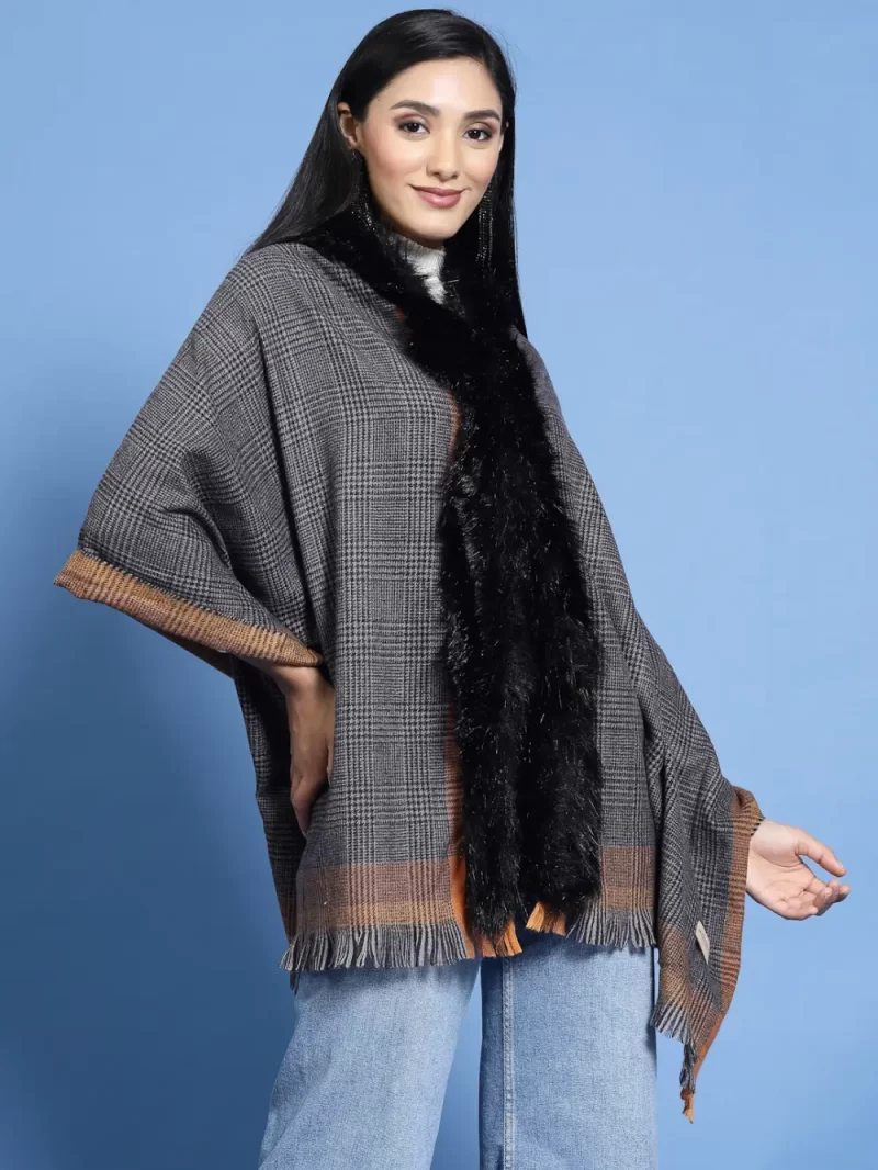 Checked Faux Fur Detail Poncho Sweater