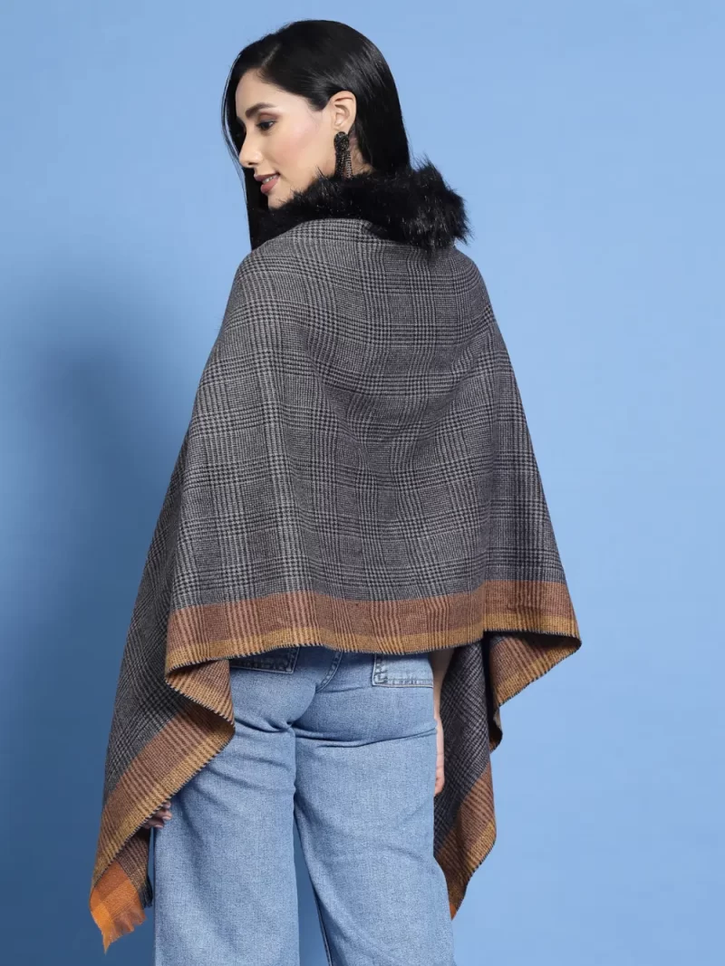 Checked Faux Fur Detail Poncho Sweater