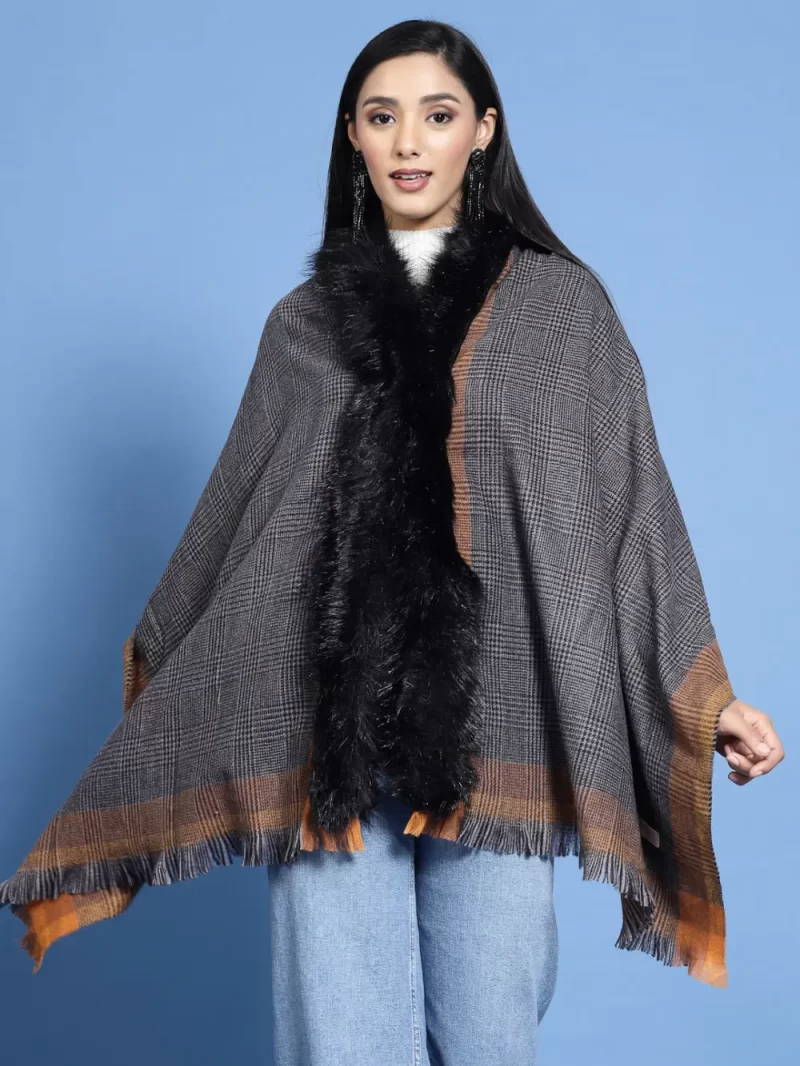 Checked Faux Fur Detail Poncho Sweater