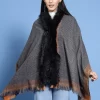 Checked Faux Fur Detail Poncho Sweater