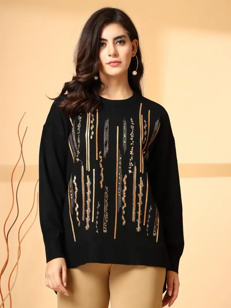 Women Embellished Round Neck Long Sleeves Pullover Sweater