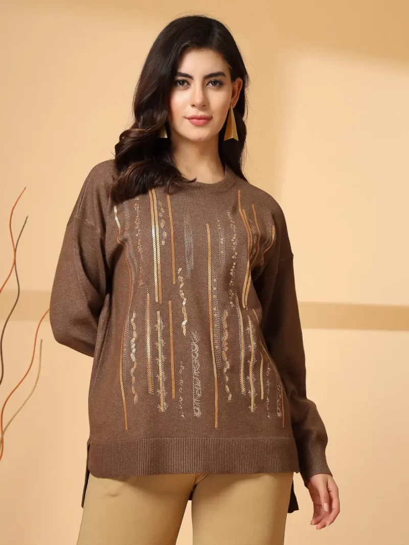 Women Embellished Round Neck Long Sleeves Pullover Sweater