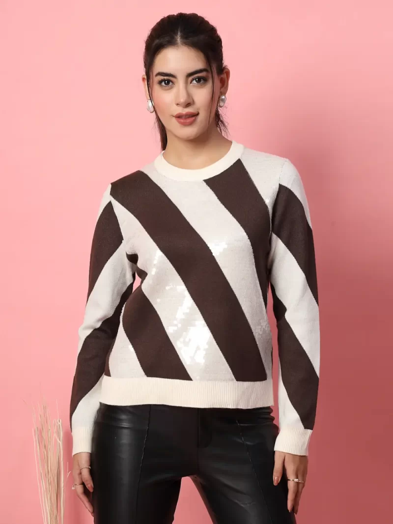 Women Colourblocked Embellished Sweater