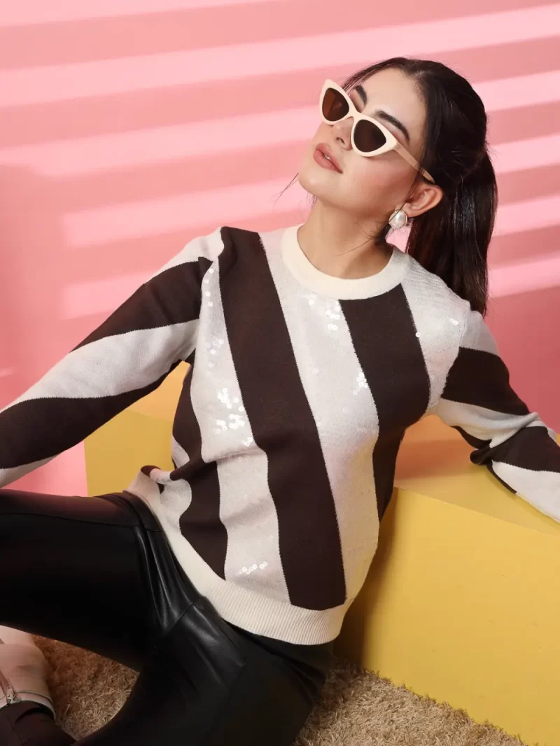 Women Colourblocked Embellished Sweater