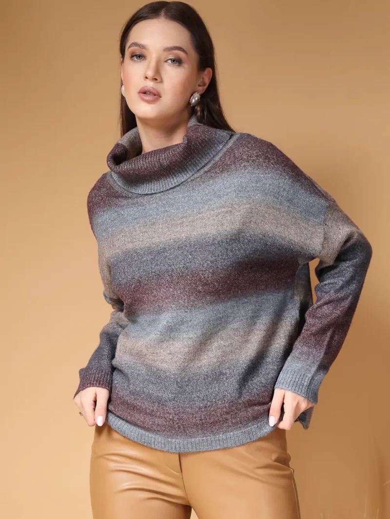 Women Horizontal Striped Cowl Neck Top