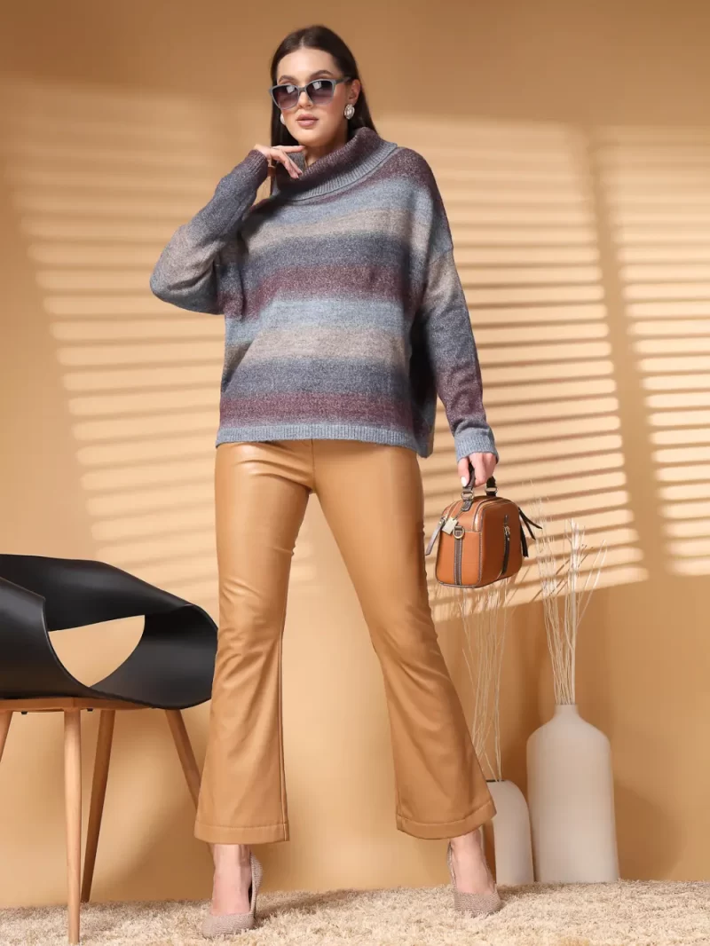 Women Horizontal Striped Cowl Neck Top