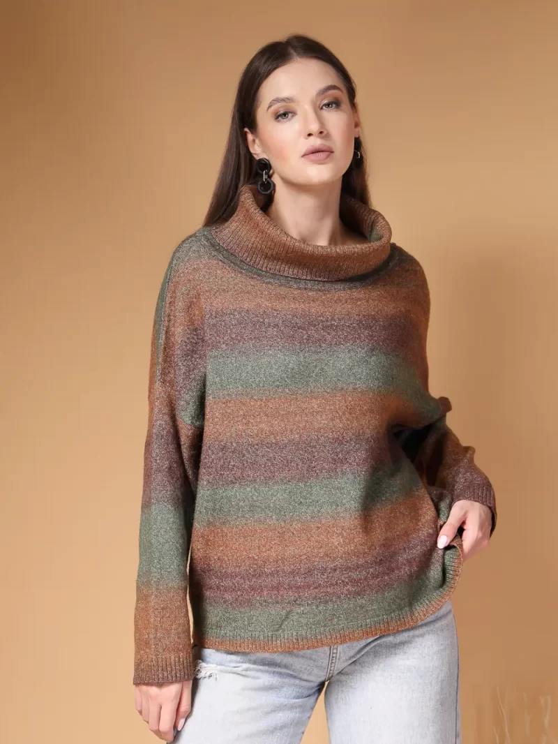 Women Horizontal Striped Cowl Neck Top