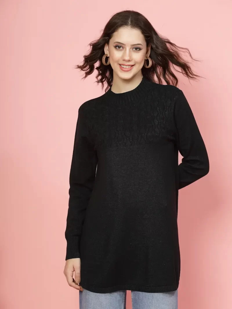 Women Self Design Pullover Ribbed Longline Sweater