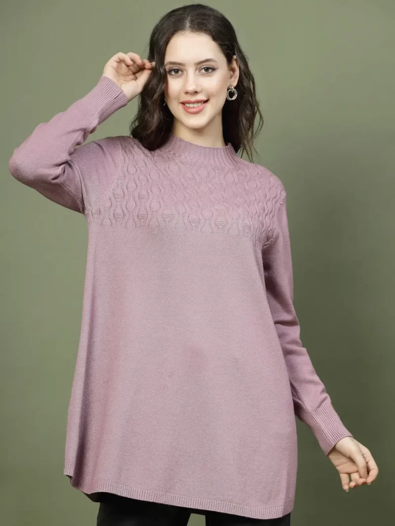 Women Self Design Pullover Ribbed Longline Sweater