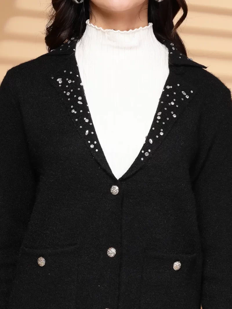Women Solid Embellished Front Open Sweater
