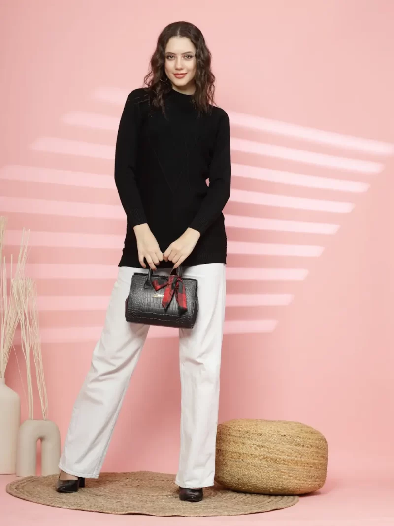 Women Self Design Pullover Ribbed Longline Sweater