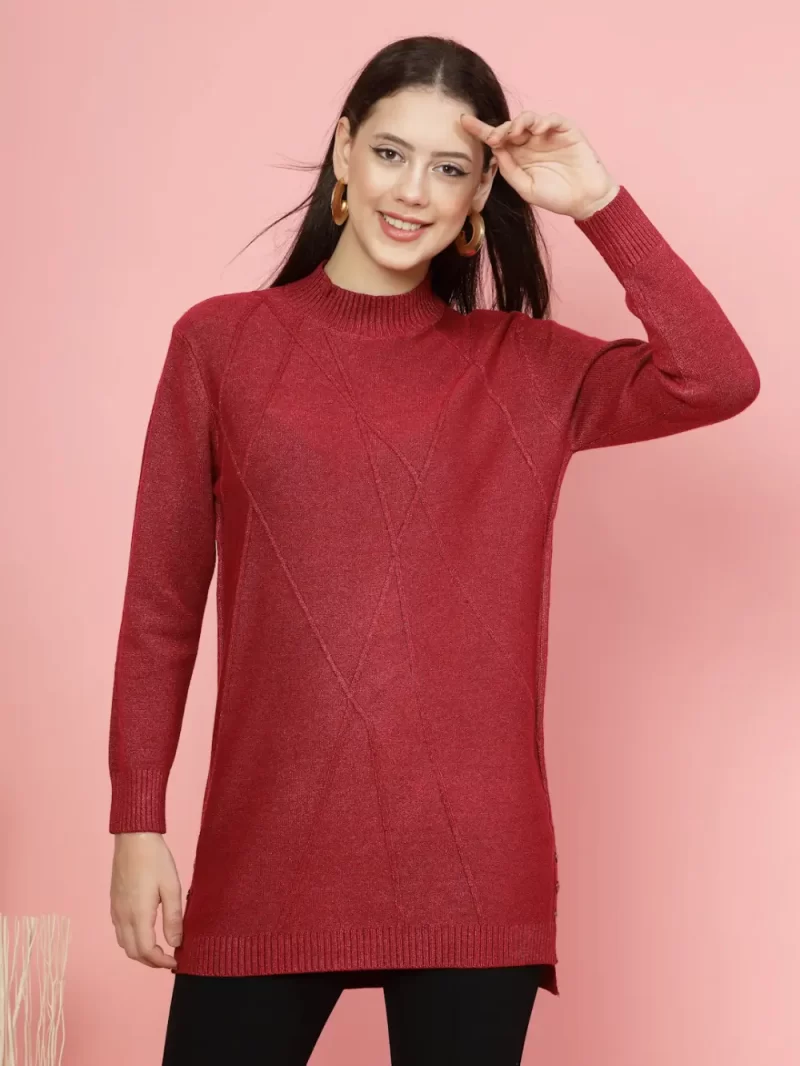 Women Self Design Pullover Ribbed Longline Sweater