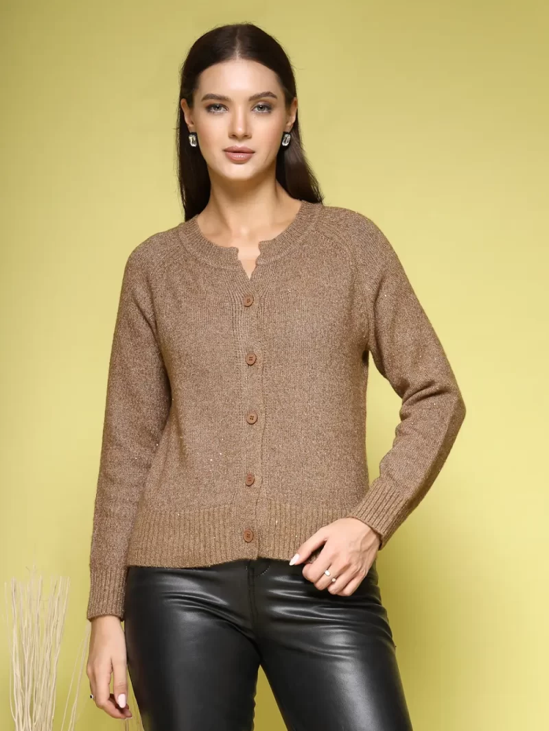 Women Self Design Round Neck Front-Open Sweater