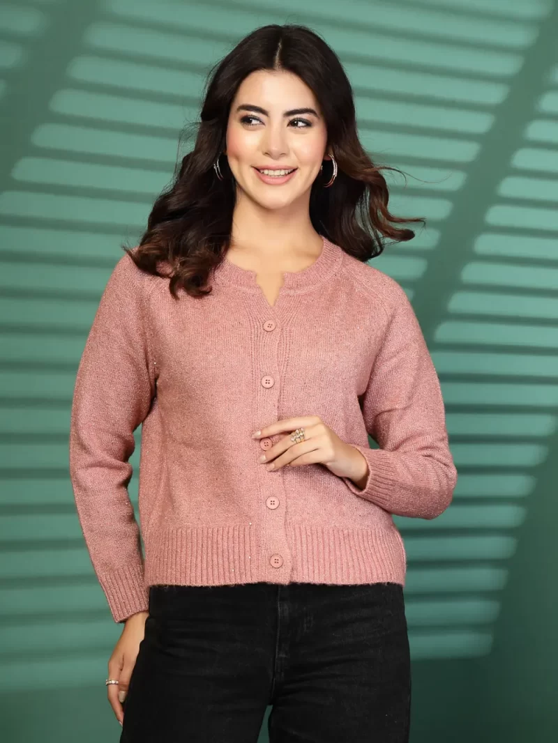 Women Self Design Round Neck Front-Open Sweater