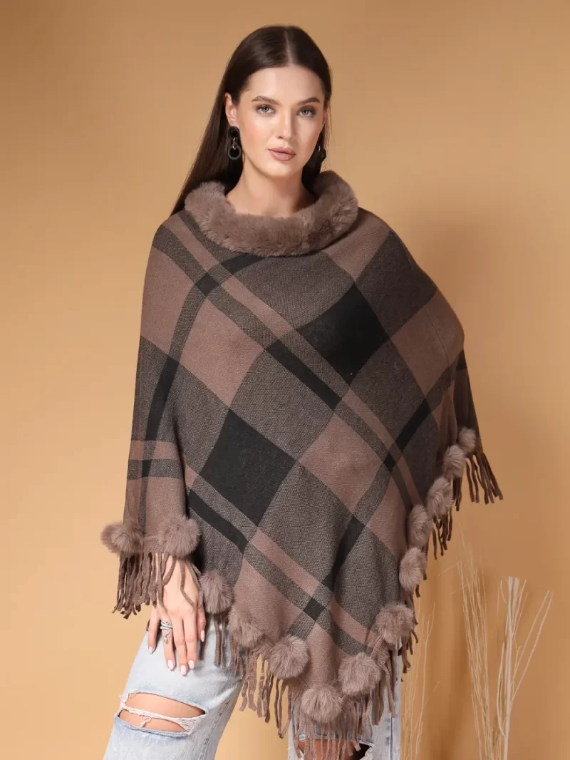 Women Checked Longline Poncho