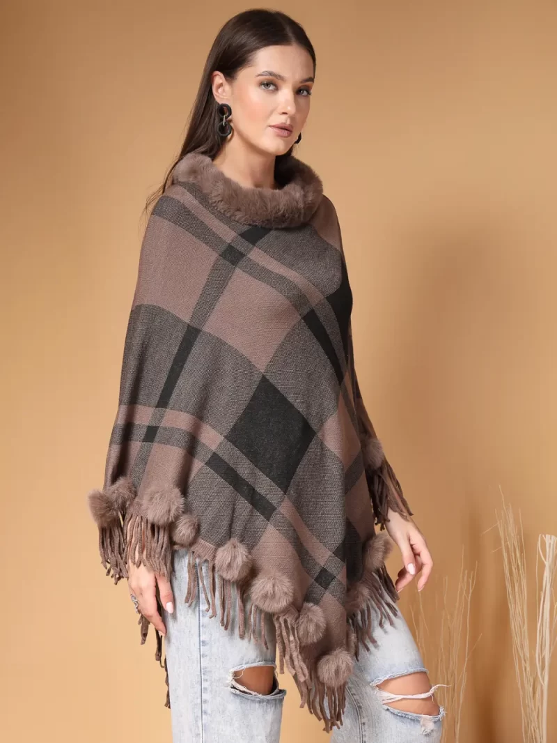 Women Checked Longline Poncho