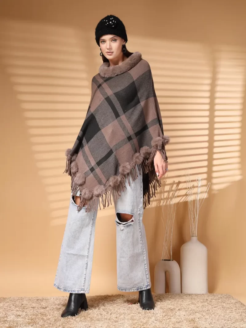 Women Checked Longline Poncho