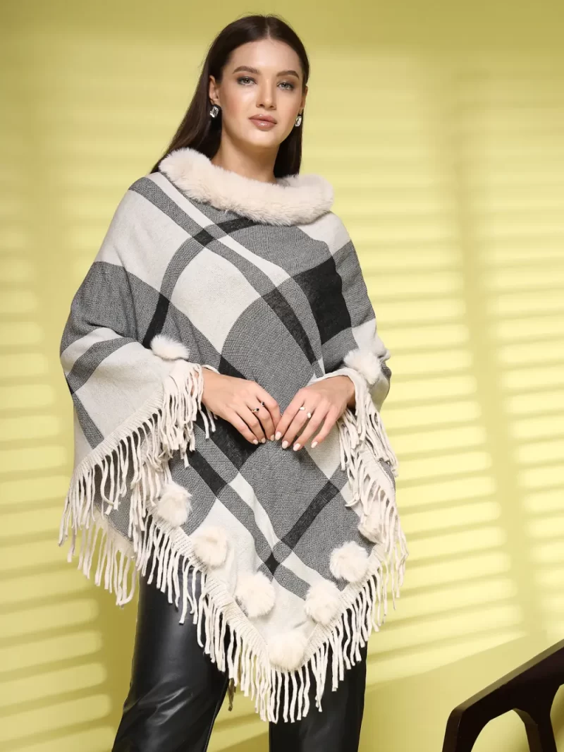 Women Checked Longline Poncho