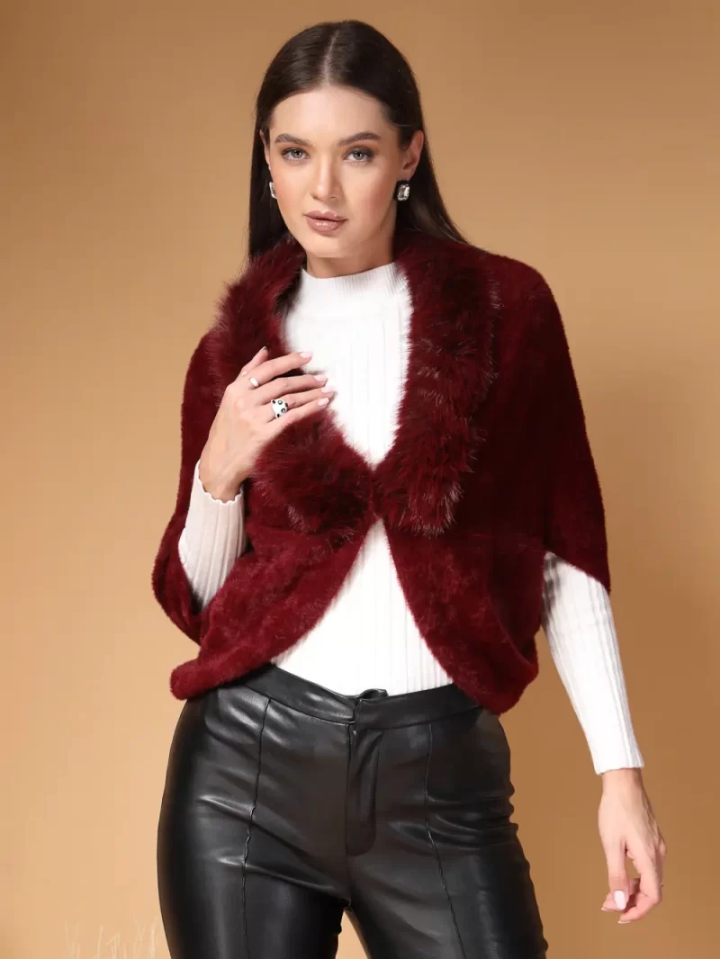 Women Solid V-Neck Poncho