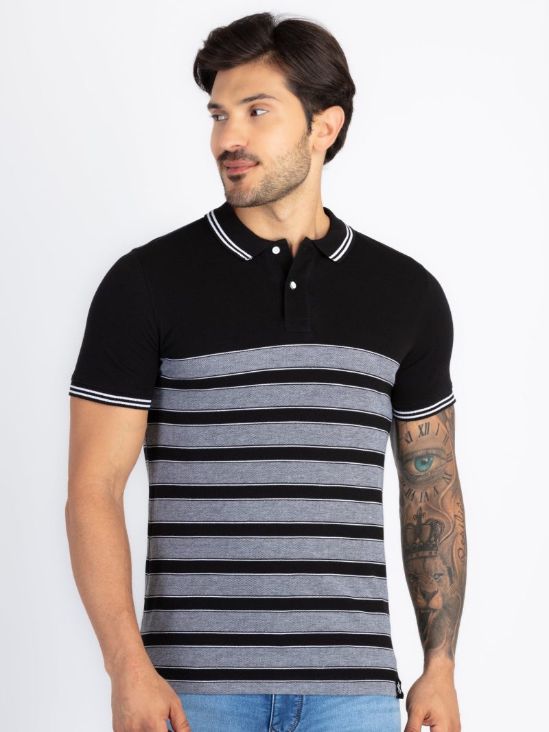 Status Quo Status Quo Men'S Striped Polo Neck Regular Fit Tshirt With Tipping Collar