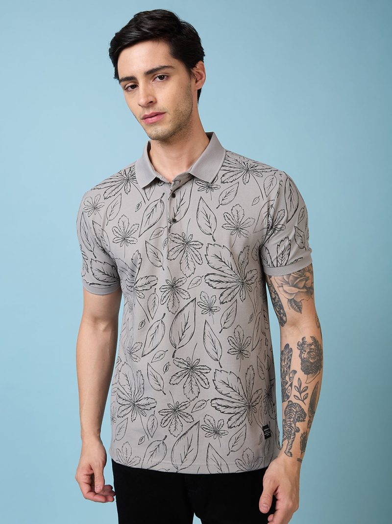 Status Quo Men'S Floral Printed Polo Collar Short Sleeves Regular Fit Tshirt