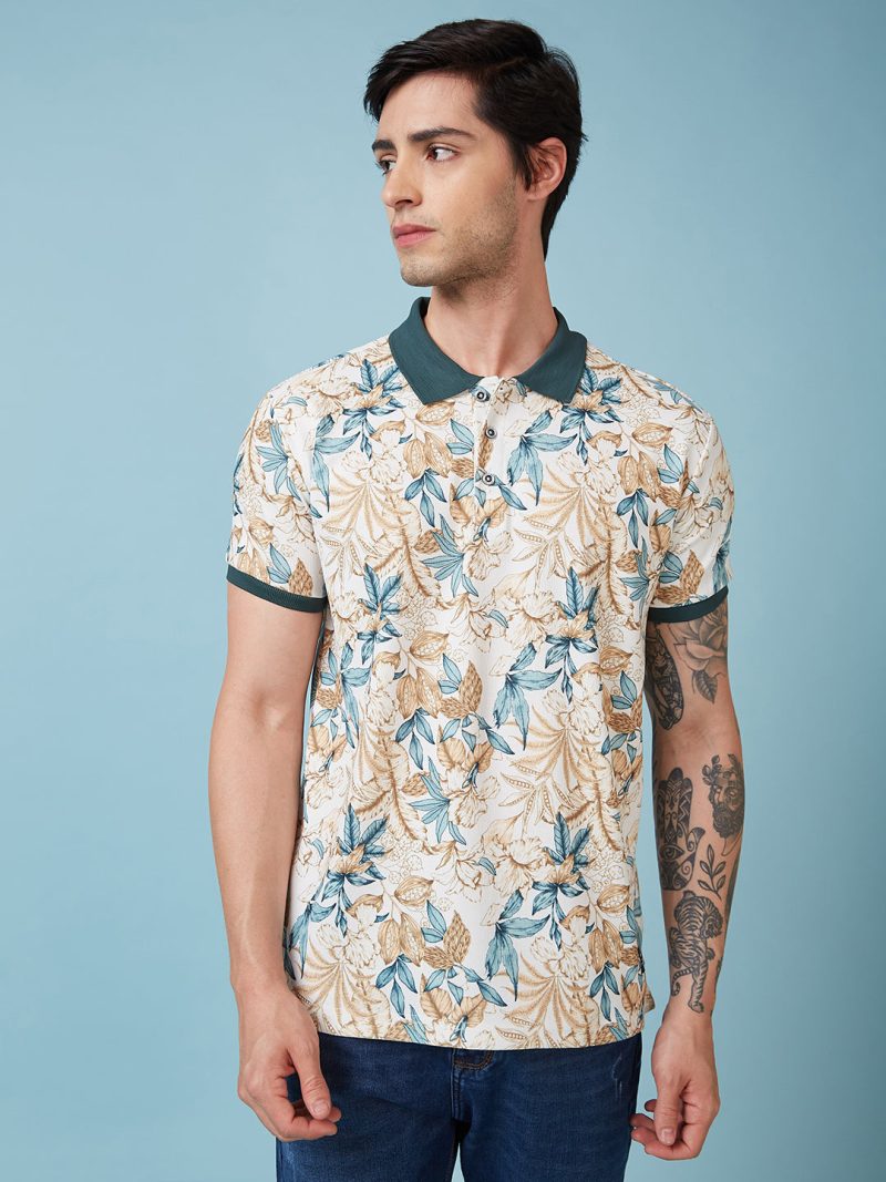Status Quo Men'S Floral Printed Polo Collar Short Sleeves Regular Fit Tshirt