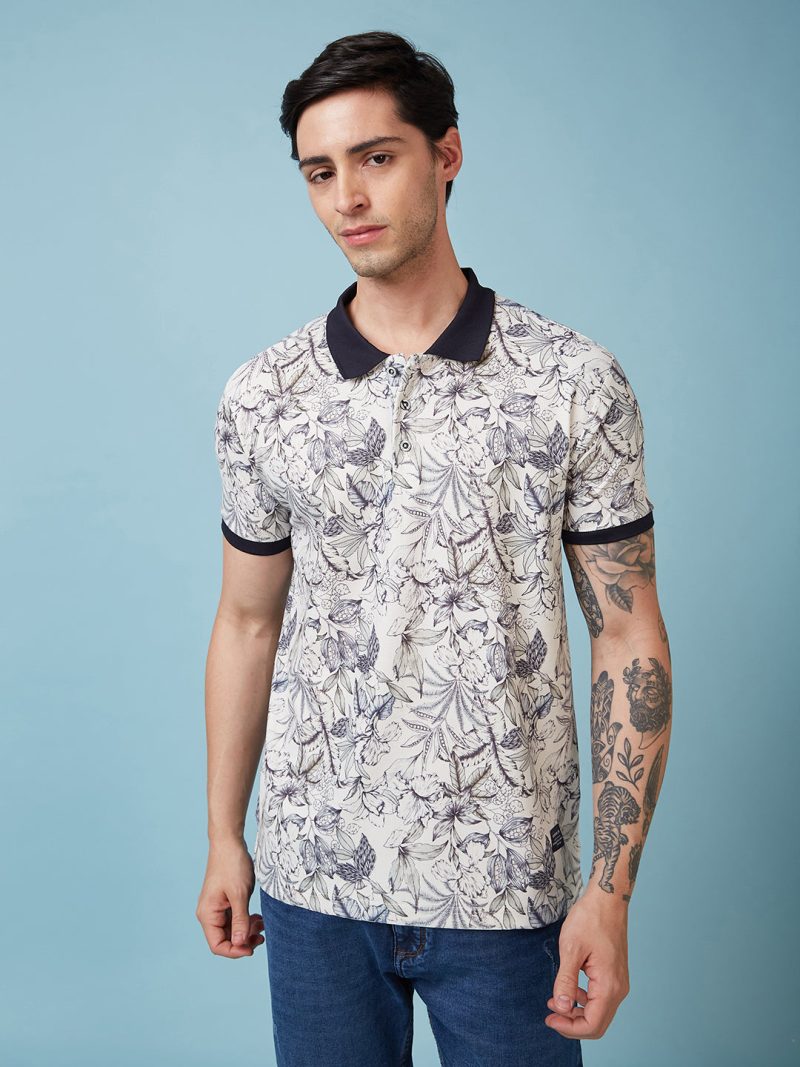 Status Quo Men'S Floral Printed Polo Collar Short Sleeves Regular Fit Tshirt