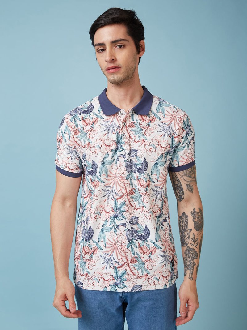 Status Quo Men'S Floral Printed Polo Collar Short Sleeves Regular Fit Tshirt