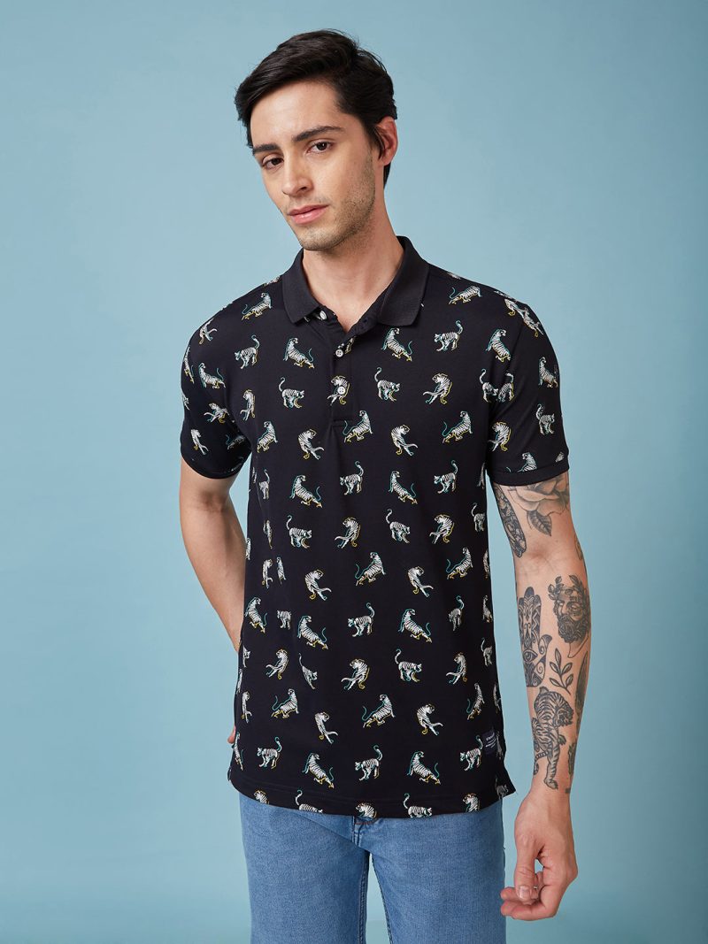 Status Quo Men'S Animal Printed Polo Collar Short Sleeves Regular Fit Tshirt