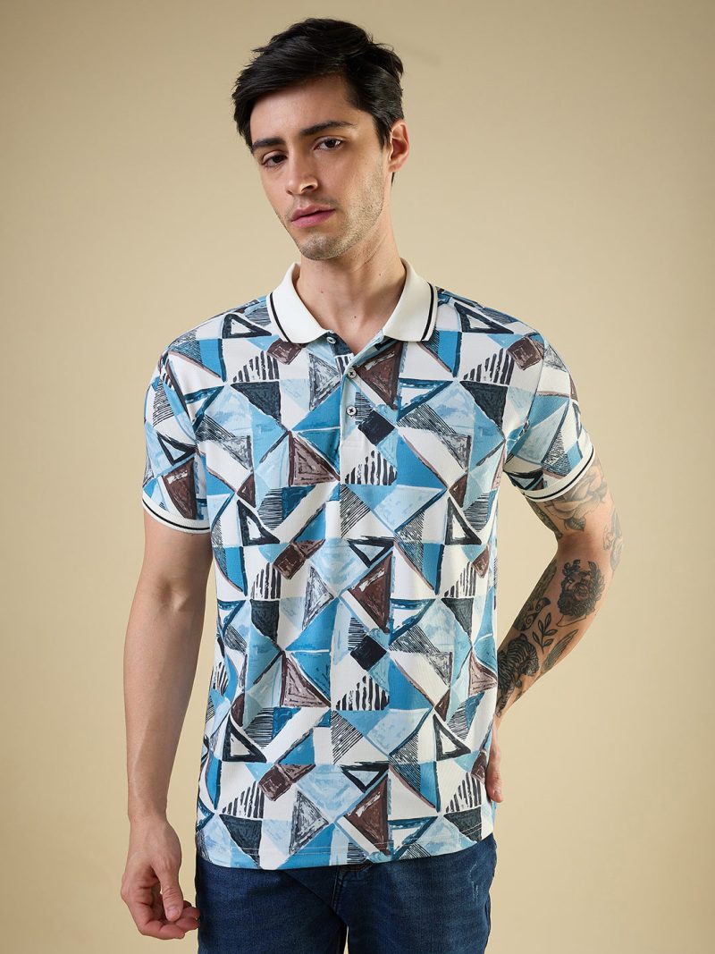 Status Quo Men'S All-Over Geometric Printed Polo Collar Half Sleeves Regular Fit Tshirt