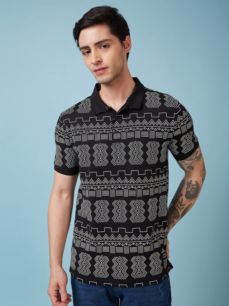 Status Quo Men'S Abstract Printed Polo Collar Short Sleeves Regular Fit Tshirt