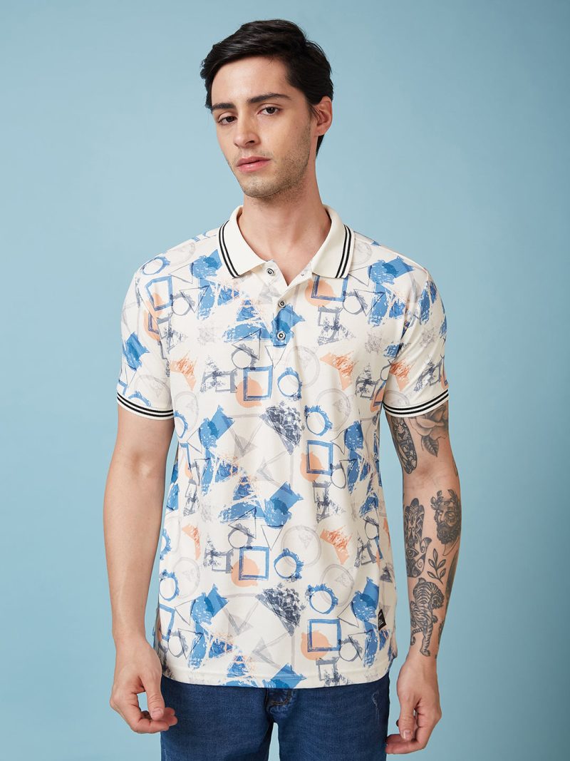 Status Quo Men'S Geometric Printed Polo Collar Short Sleeves Regular Fit Tshirt