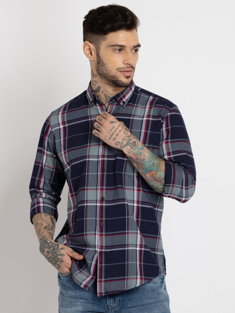 Status Quo Mens Checkered Cotton Slim Fit Shirt