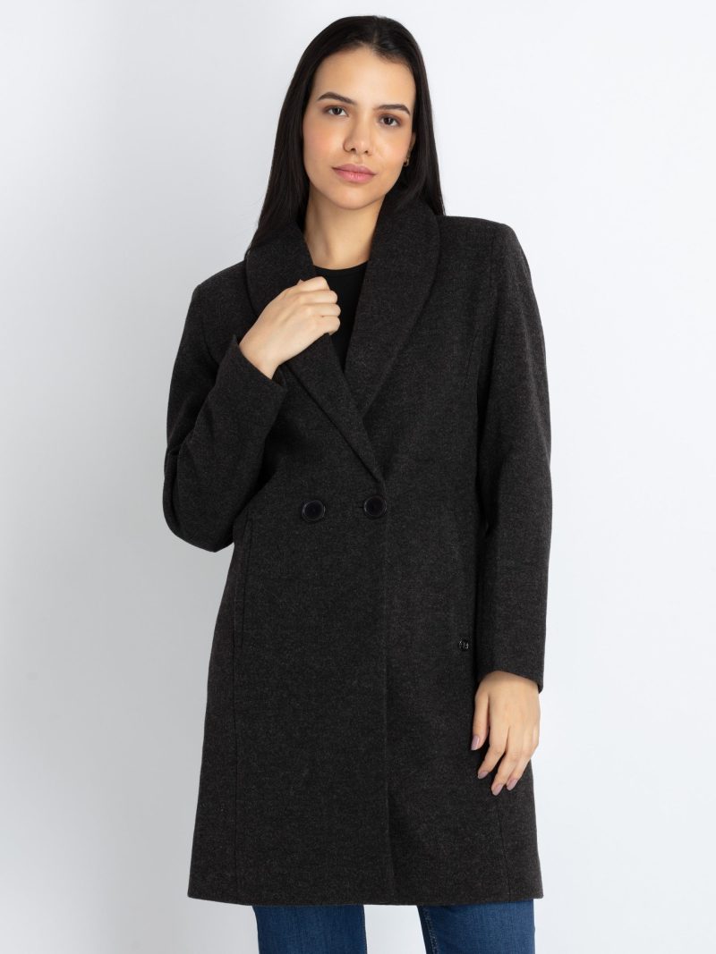 Status Quo Womens Solid Collared Neck Long Coat