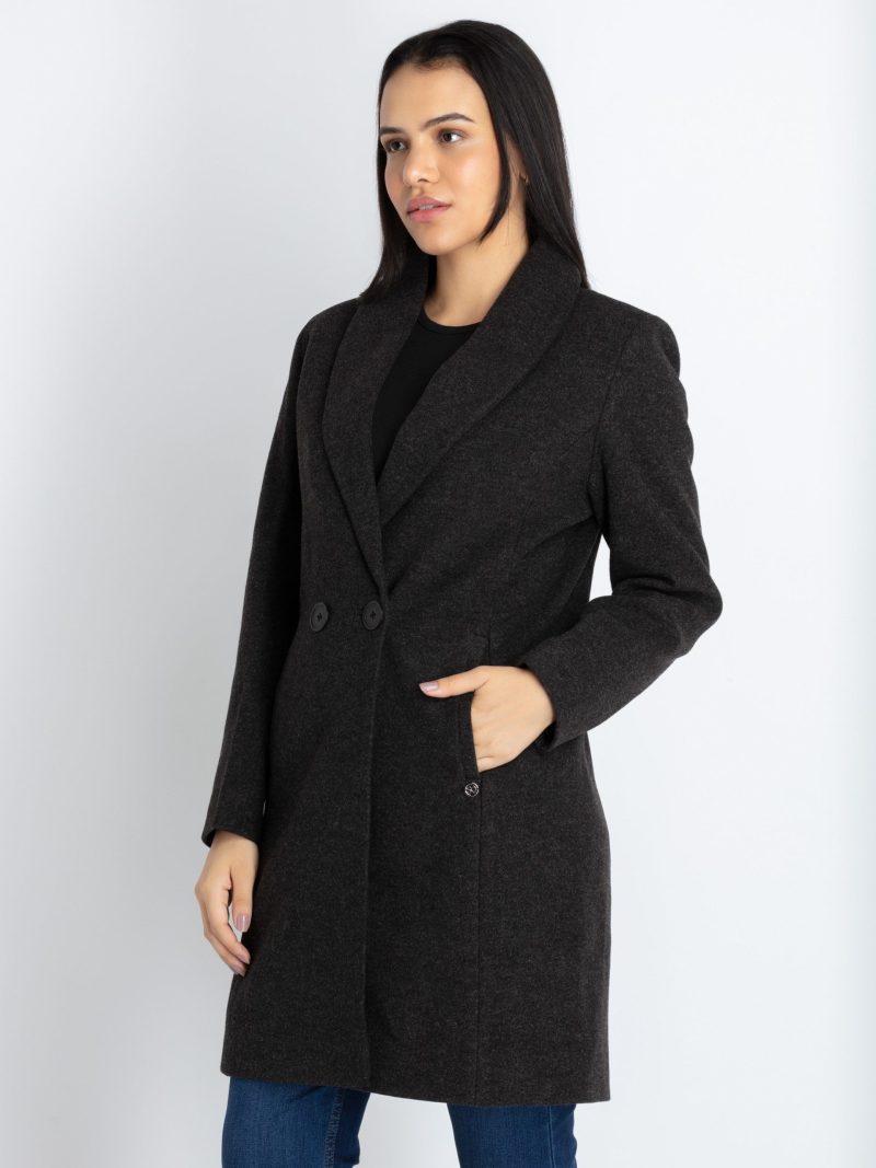 Status Quo Womens Solid Collared Neck Long Coat