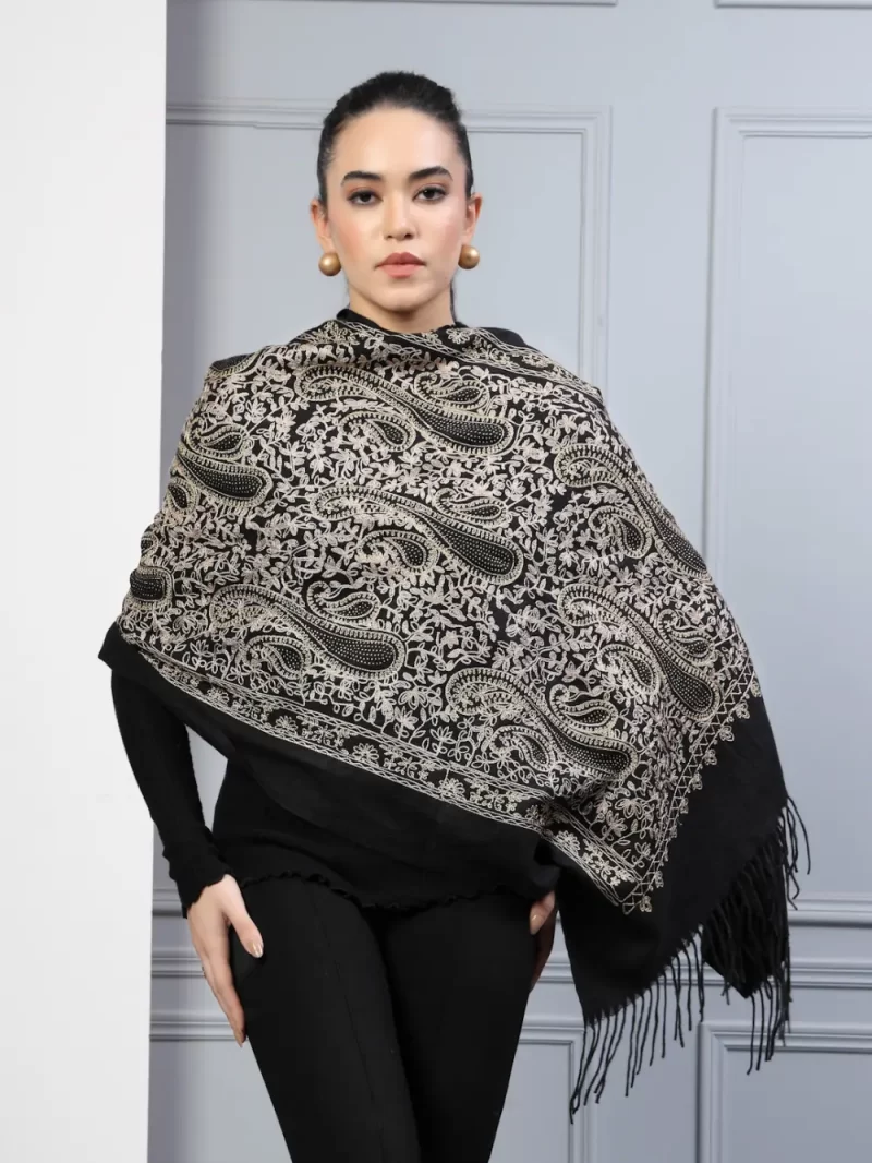 Women Paisley Embroidered Stole With Fringed Border