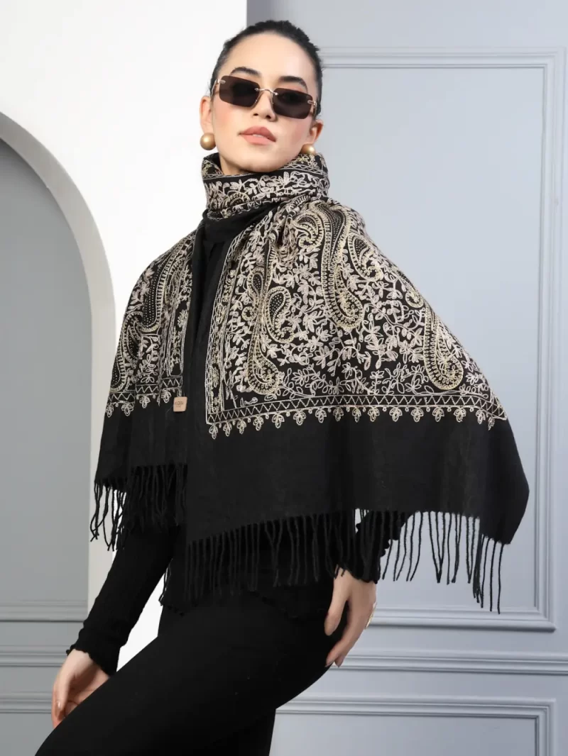 Women Paisley Embroidered Stole With Fringed Border