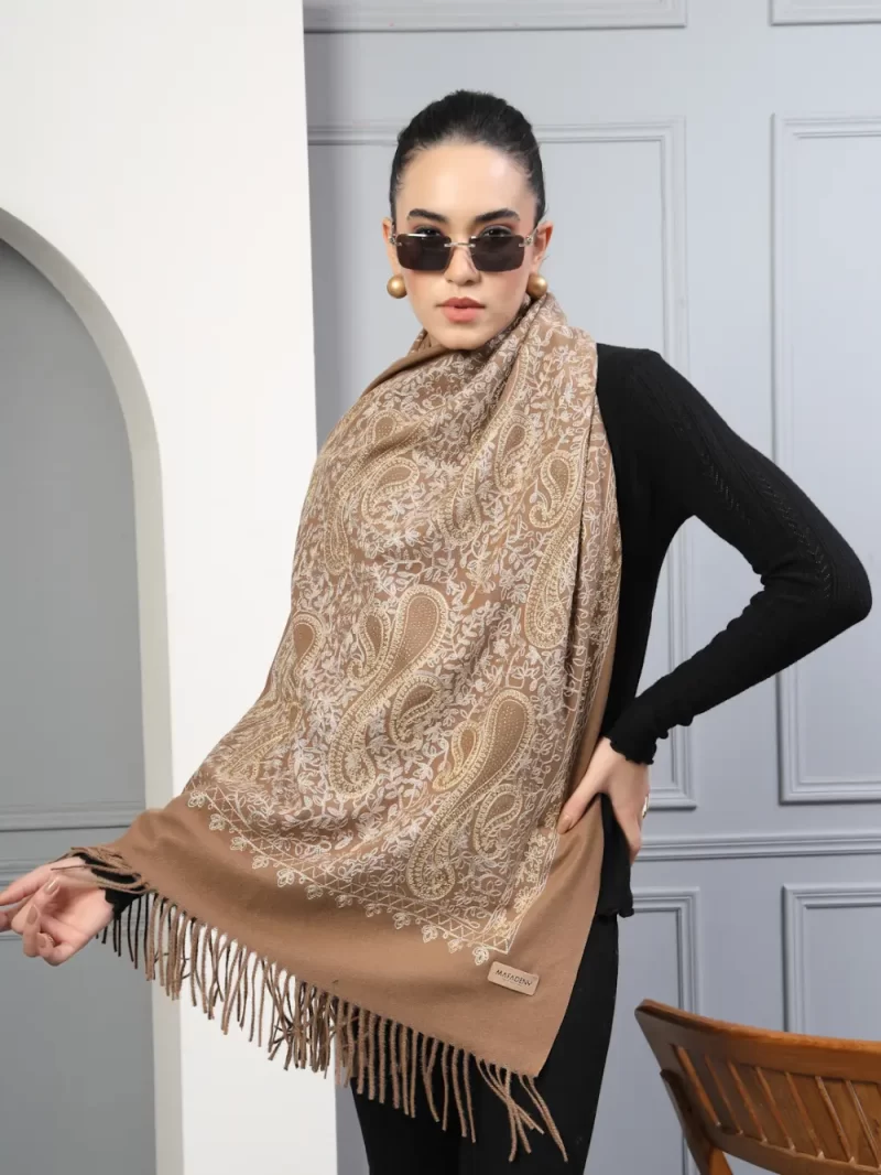 Women Paisley Embroidered Stole With Fringed Border