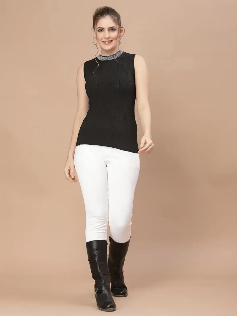 Women Self Design Jewel Neck Sleeveless Top