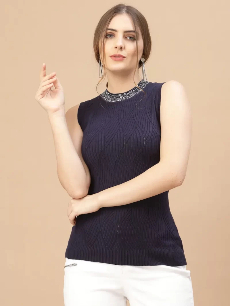 Women Self Design Jewel Neck Sleeveless Top