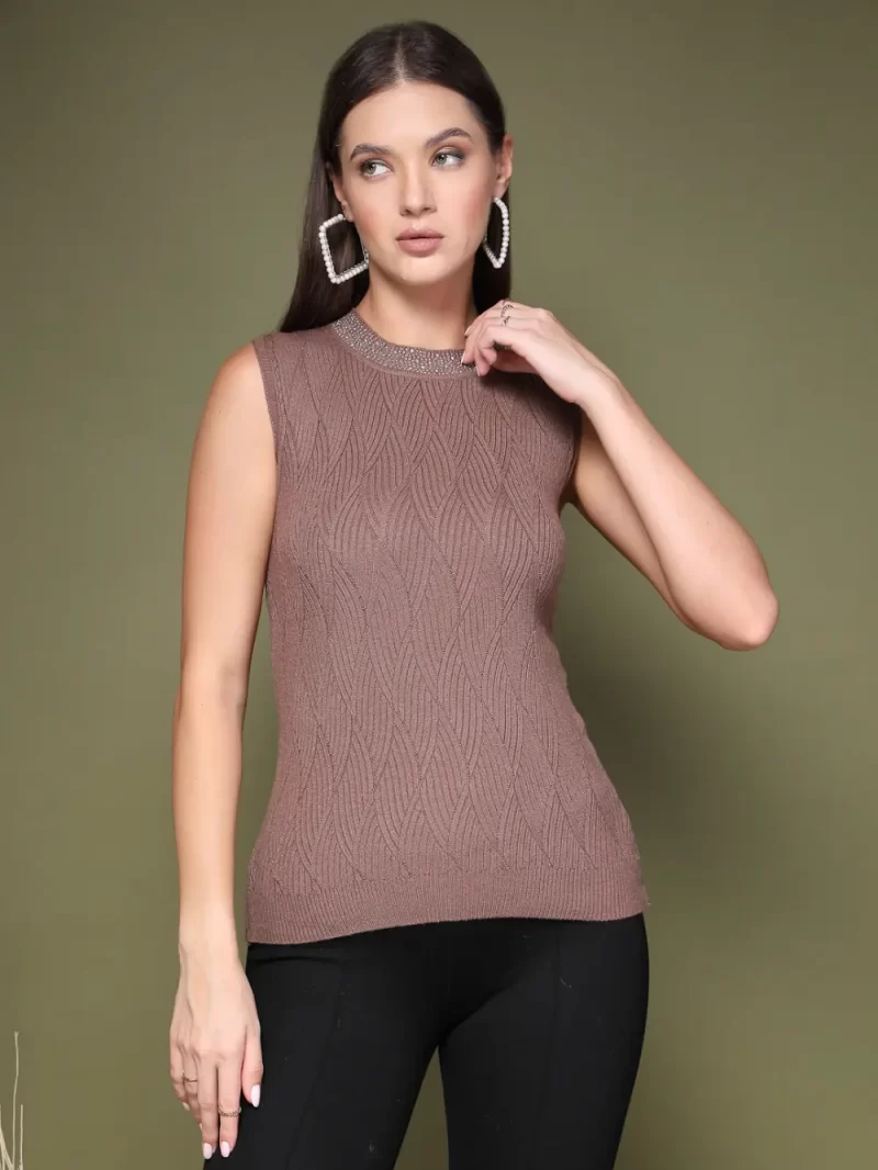 Women Self Design Jewel Neck Sleeveless Top