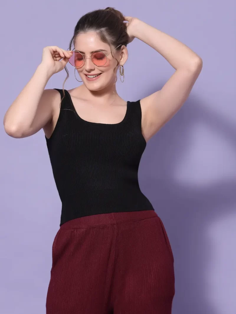 Women High Neck Ribbed Sleeveless Fitted Top