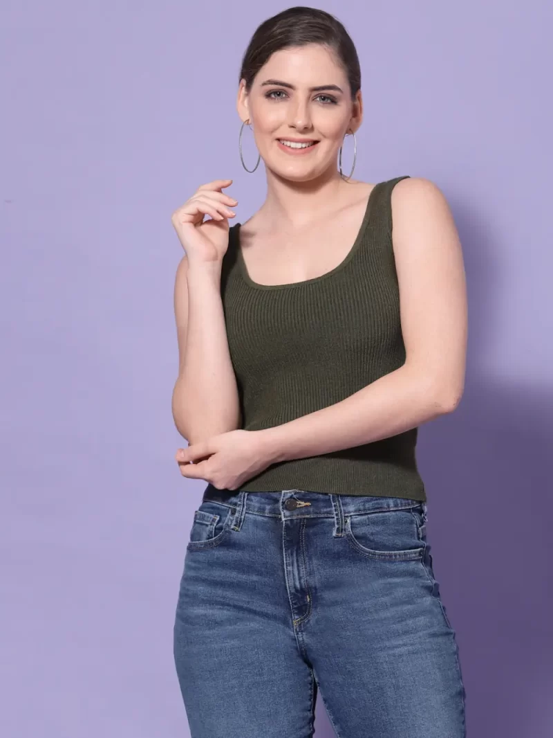 Women High Neck Ribbed Sleeveless Fitted Top